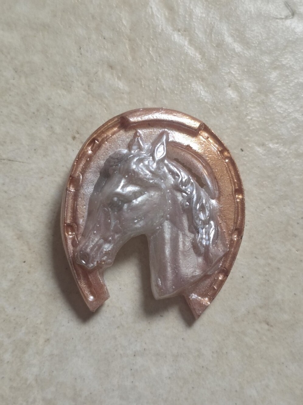 White Resin Ladies Horse Brooch With Lucky Horse Shoe